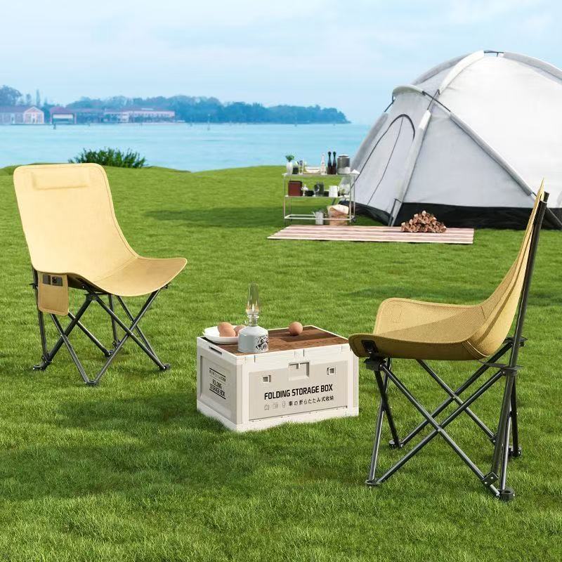 Chinese height adjustable lightweight camping chair – multifunctional folding chair – with side pockets, suitable for outdoor travel, beach picnicking, hiking backpack khaki color